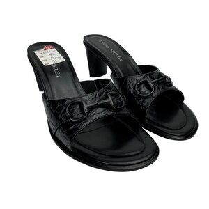 Vintage Y2K Laura Ashley Black Croc-Embossed Leather Slide Sandals Buckle Detail